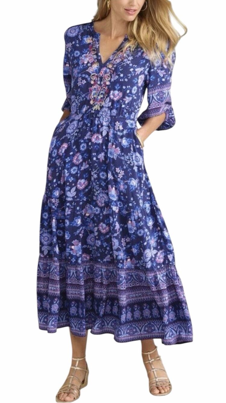 Soft Surroundings Jordana Midi Dress Boho Embroidered Floral Sequins Peasant SZ